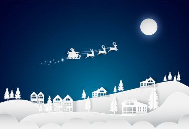 Noel sezonu Noel Baba ve geyikler gece gökyüzü ile köy backg