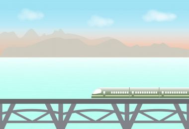 Yüksek hızlı tren geçerken göl ve dağ, doğa b