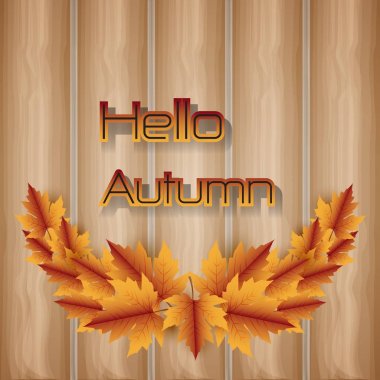 Merhaba Sonbaharda akçaağaç yaprakları ve kağıt sanat ahşap doku backgr üzerinde