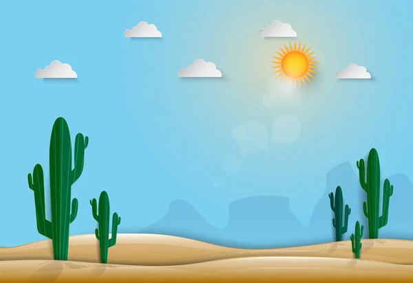 Saguaro Cactus no deserto natureza fundo, estilo de arte de papel — Vetor de Stock