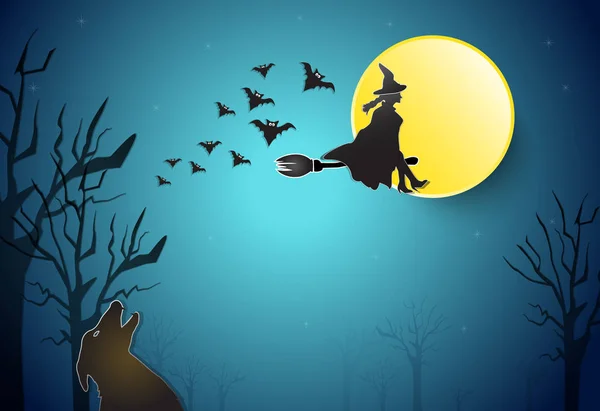 Joven bruja volando con lobo fondo de Halloween — Vector de stock
