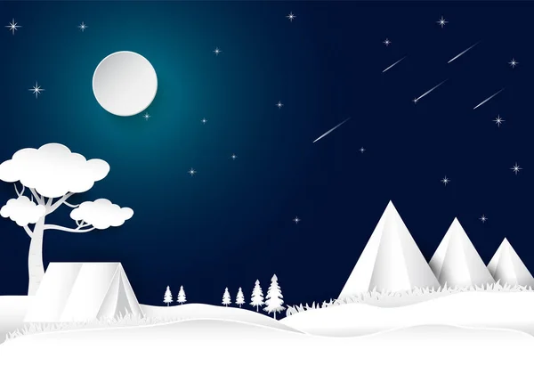 Κάμπινγκ στο λόφο νυχτερινό ουρανό με αστέρι και κομήτης, τοπίο backgro — Διανυσματικό Αρχείο