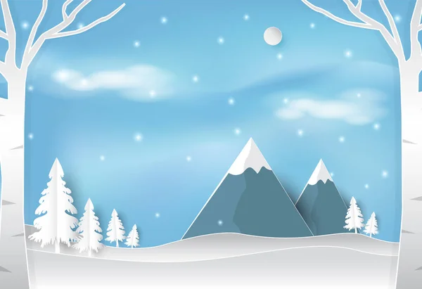 Invierno y nieve en bosque con cielo azul paisaje naturaleza backgro — Vector de stock