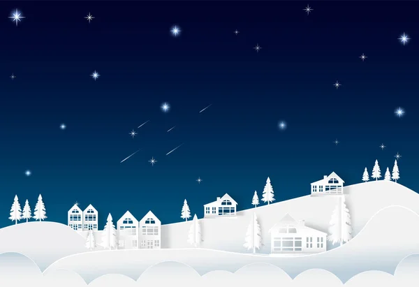 Σπίτι λόφο νυχτερινό ουρανό με αστέρι και κομήτης, φύση backgro — Διανυσματικό Αρχείο