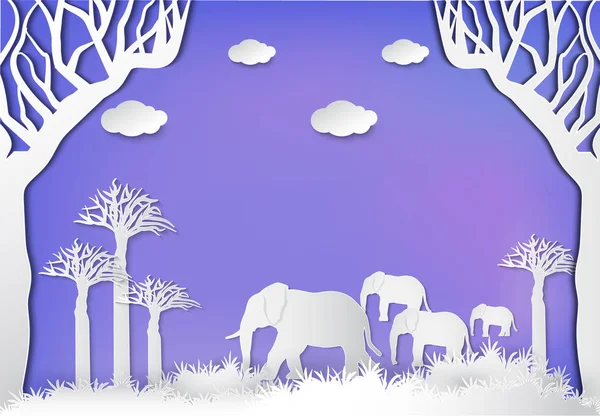 Famille d'éléphants dans la prairie. Nature paysage fond papier a — Image vectorielle