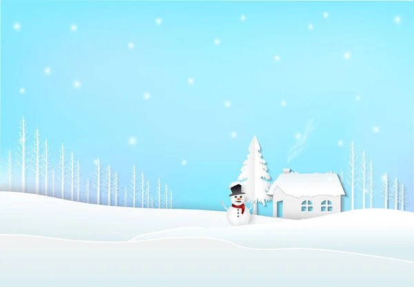 Casa de férias de inverno com neve e boneco de neve. Temporada de Natal — Vetor de Stock