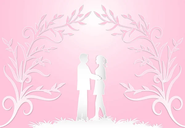 Couple d'amour sur fond rose illustration de style art papier . — Image vectorielle