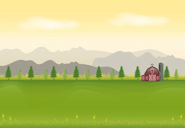 Granero rojo en campo paisaje fondo, papel arte estilo illustra — Vector de stock