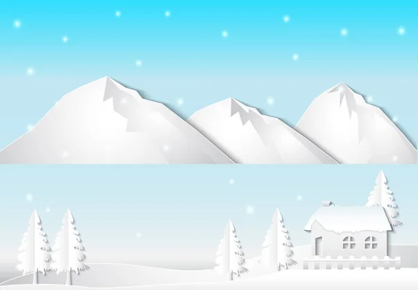 Invierno y nieve con casa de campo cerca del lago, bac temporada de Navidad — Vector de stock