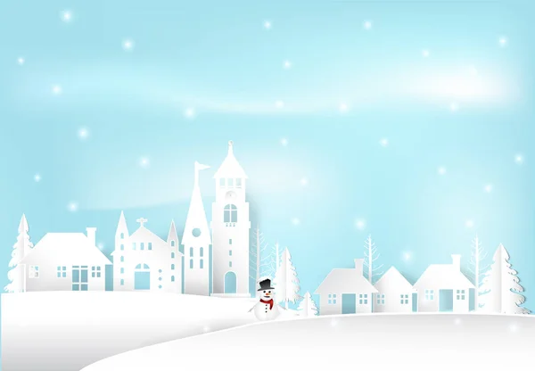 Vacaciones de invierno nieve y muñeco de nieve en ciudad ciudad cielo azul fondo — Vector de stock