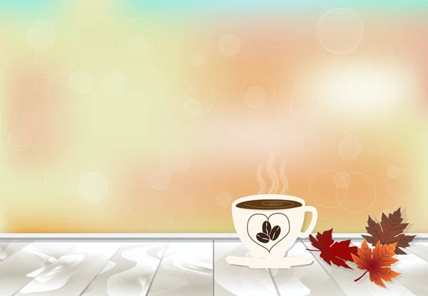 Maple leaves and coffee cup on wooden texture in autumn color ba