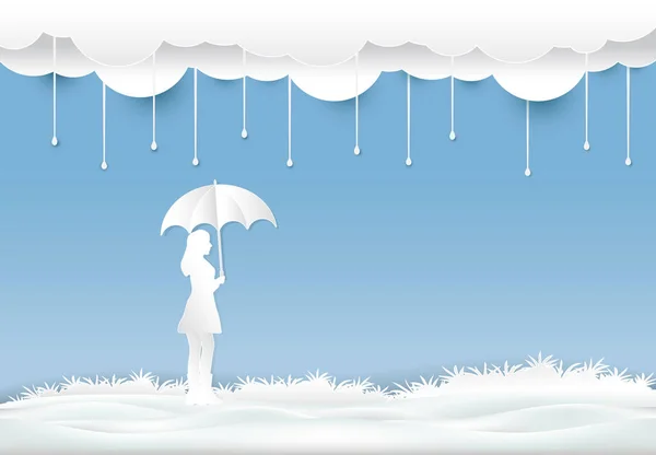 Menina com guarda-chuva sob a chuva no prado, corte de papel, papel a — Vetor de Stock