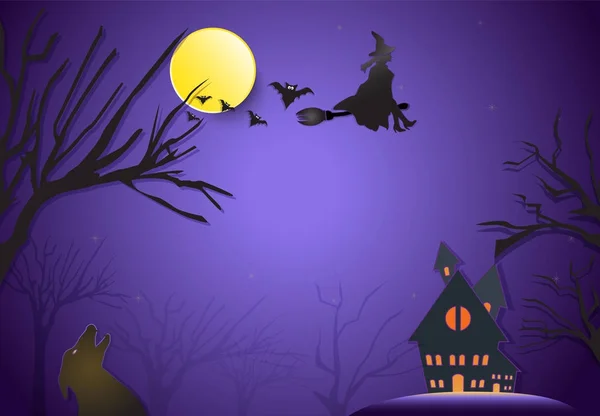 Joven bruja volando en escoba y zorro silueta papel de Halloween a — Vector de stock