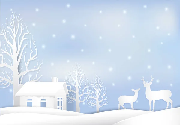 Ilustración de arte de papel de la casa y los ciervos, la temporada de Navidad backg — Vector de stock