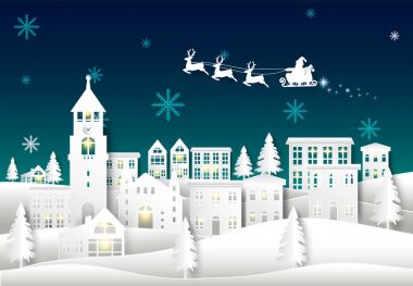 Gece gökyüzünde şehir kasaba kağıt sanat kış arka plan üzerinde Noel Baba. CHR