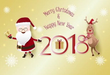 Noel Baba ve geyik kağıt sanat illüstrasyon. 2018 Noel ve yeni /