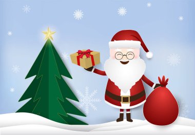Noel sezonu Santa holding ile hediye kutusu ve çam ağacı dekor