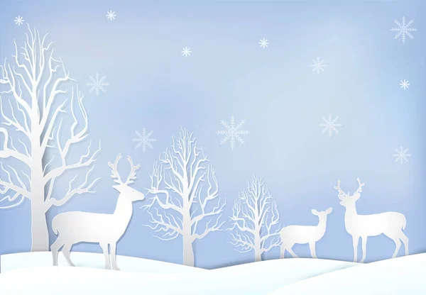 Χαρτί art εικονογράφηση ελάφια και ξηρή δέντρο. Χριστούγεννα σεζόν ΒΑ — Διανυσματικό Αρχείο