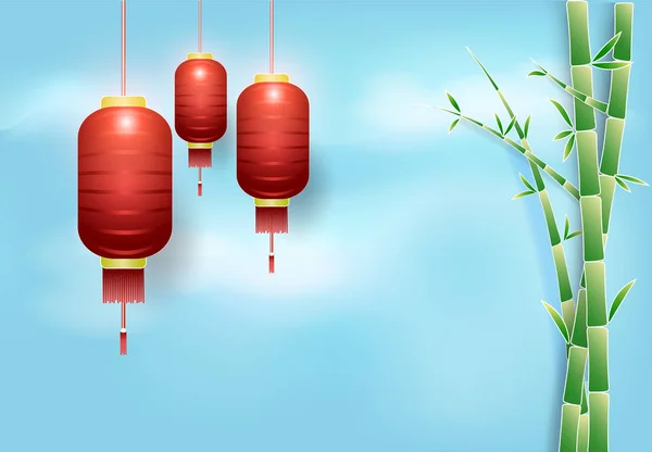 Red lantern hanging and bamboo with sky background, paper cut, p — Stock Vector