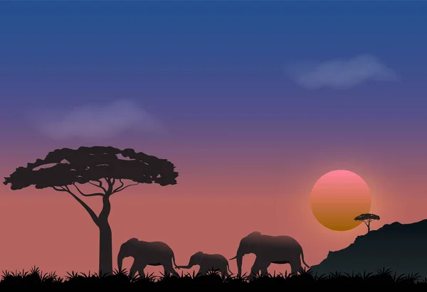 Família de elefantes no prado. Natureza paisagem fundo — Vetor de Stock