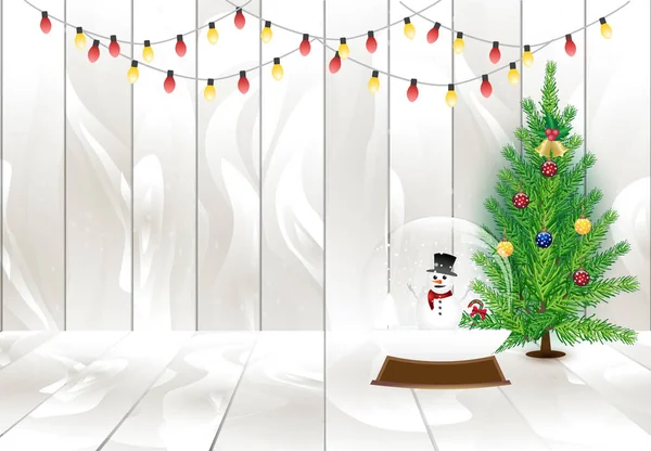 Weihnachtsbaum und Lichterschmuck auf Holzplanken, Feiertag — Stockvektor