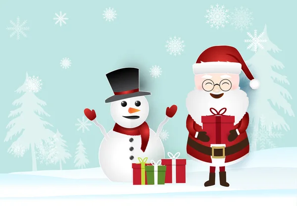 Weihnachtszeit mit Weihnachtsmann in Geschenkbox und Schneemann. Papier — Stockvektor
