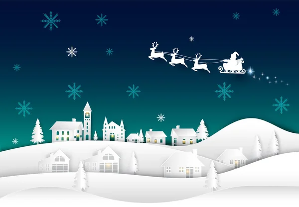 Santa en el cielo nocturno en el arte del papel del pueblo Fondo de invierno. Chris. — Vector de stock