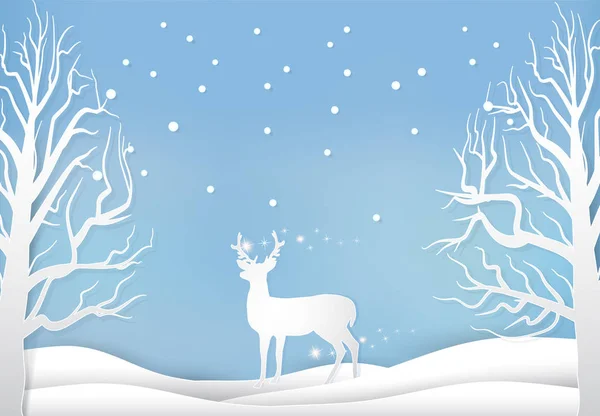 Ελάφια και πεύκο δέντρο με στυλ art χαρτί χιόνι, Χριστούγεννα σεζόν b — Διανυσματικό Αρχείο