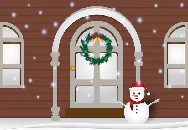 Fondo de temporada de Navidad con muñeco de nieve en frente de la casa . — Vector de stock