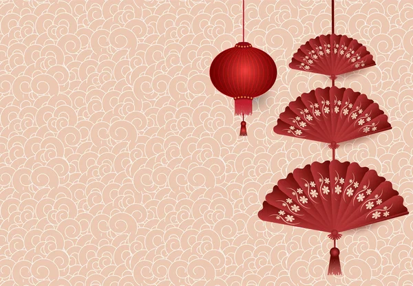 Chinese lantern and folding fan hanging on pattern background — Stock Vector