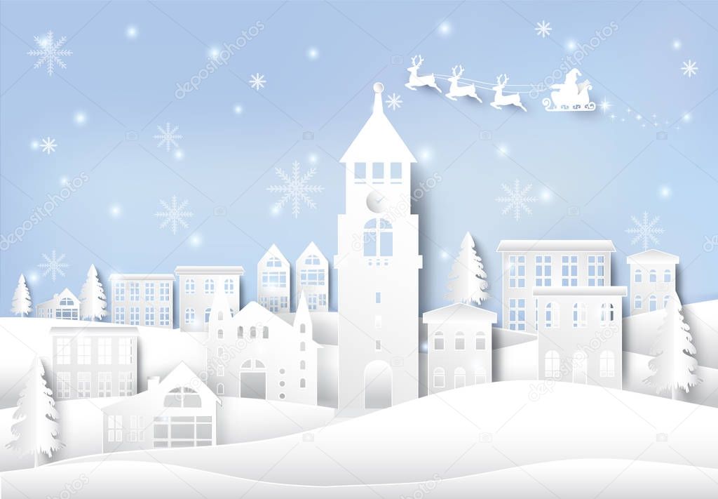 Winter holiday, santa and snowflake in city town paper art backg