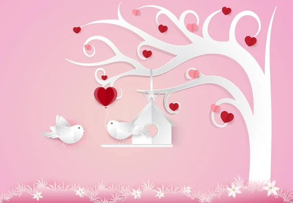 Pájaros de pareja y árbol del corazón en estilo de arte de papel rosa, San Valentín — Vector de stock