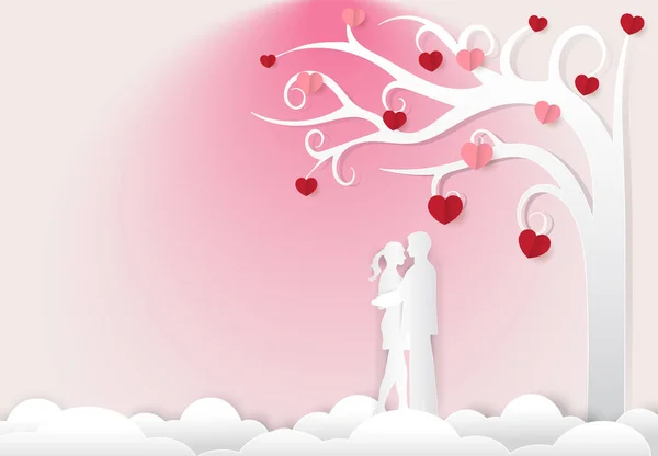 Pareja de pie bajo el árbol sobre fondo rosa, arte del papel, papel — Vector de stock