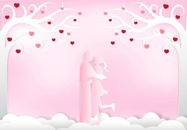 Couple debout sous l'arbre sur fond rose, art du papier, papier — Image vectorielle