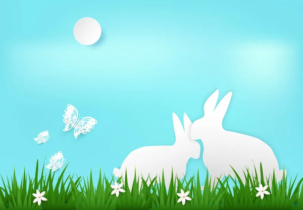 Lapin et papillon dans la prairie. Nature fond papier art sty — Image vectorielle