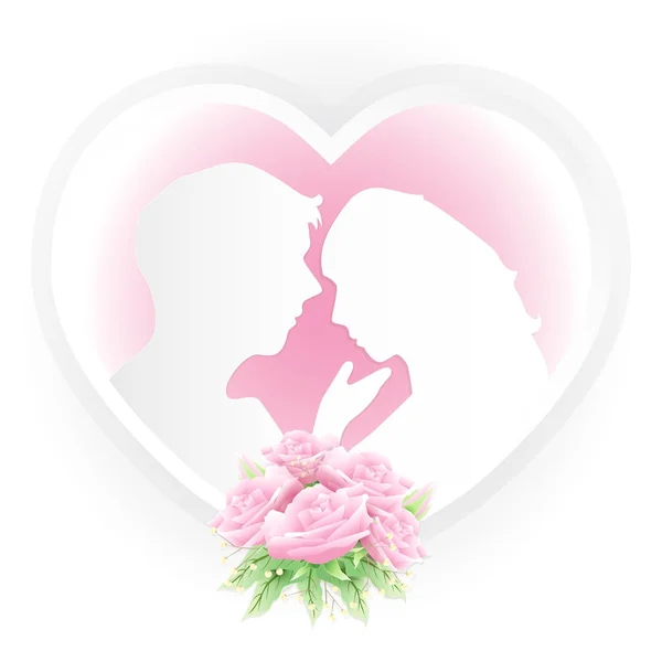 Couple en cadre coeur avec bouquet de roses rose style art papier — Image vectorielle
