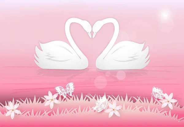 Pareja de cisne en el estanque y mariposas estilo de arte de papel, Valenti — Vector de stock