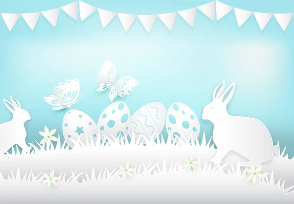 Œuf de Pâques et papier de lapin art, papier découpé illustration ba — Image vectorielle
