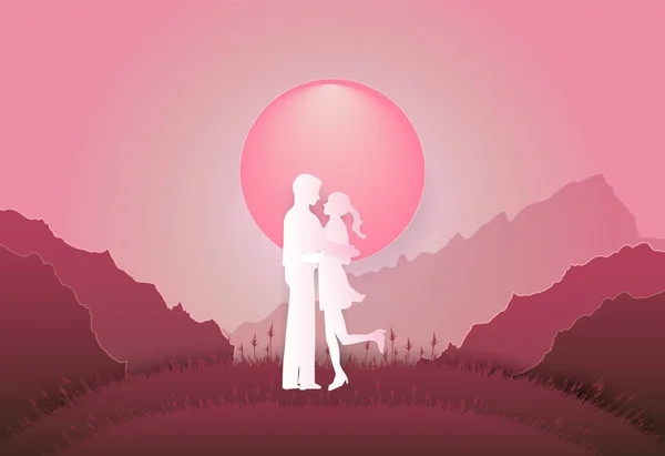 Молодий чоловік і дівчина стоять на горі Валентина рожевий зад — стоковий вектор
