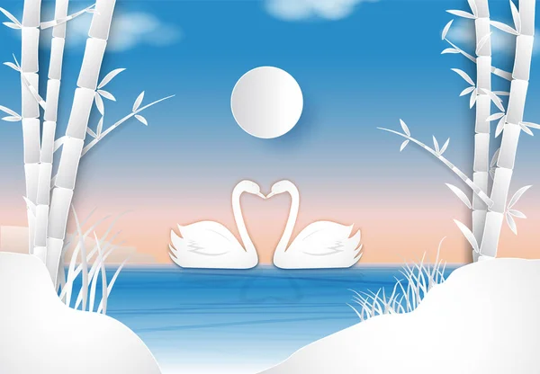 Cisne pareja en el estanque en el amanecer estilo de arte de papel, San Valentín co — Vector de stock