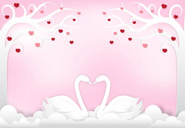 Couple cygne avec coeur et arbre sur fond rose, Valentine da — Image vectorielle
