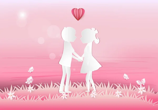 Niño y niña con corazón valentine rosa fondo papel arte, pap — Vector de stock