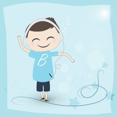 Mavi arka plan üzerinde kulaklık dinleme müzikli çocuk