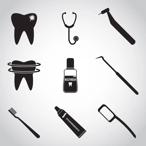 Zubní ikony set, zubu, zubař nástroje, ochranu zubní hygiena — Stockový vektor