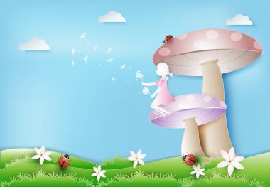 Karahindiba çiçek yüzen ve uğur böceği kağıt sanatı ile küçük kız