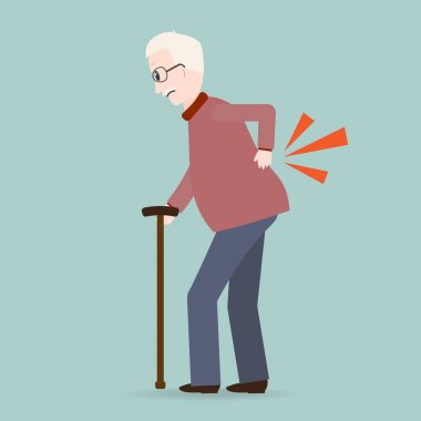 Yaşlı adam sopa ve sırt ağrısı simgesinin eski peo yaralanma