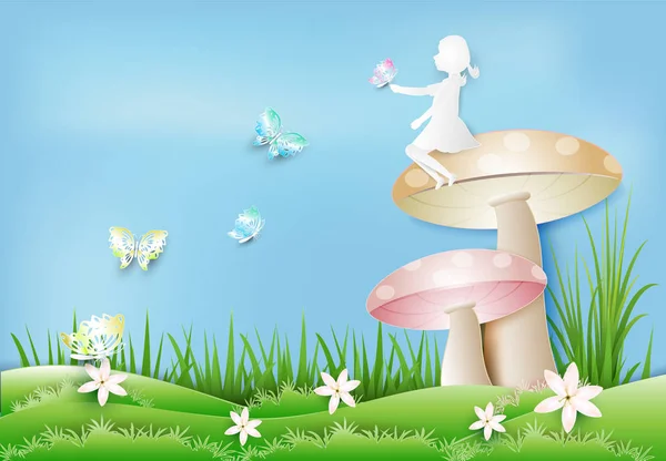 Petite fille assise sur un champignon avec des papillons papier art, pape — Image vectorielle