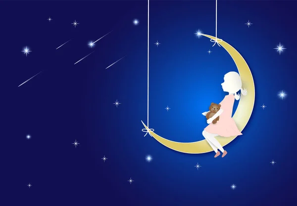 Chica sentada en la luna con oso de peluche en el cielo nocturno y estrella b — Vector de stock