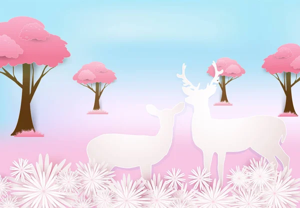 Pareja de ciervos y rosa floral en estilo de arte de papel prado — Vector de stock