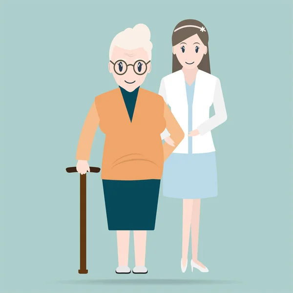 Jonge vrouw helpt bejaarde patiënt pictogram, medische zorg concept — Stockvector